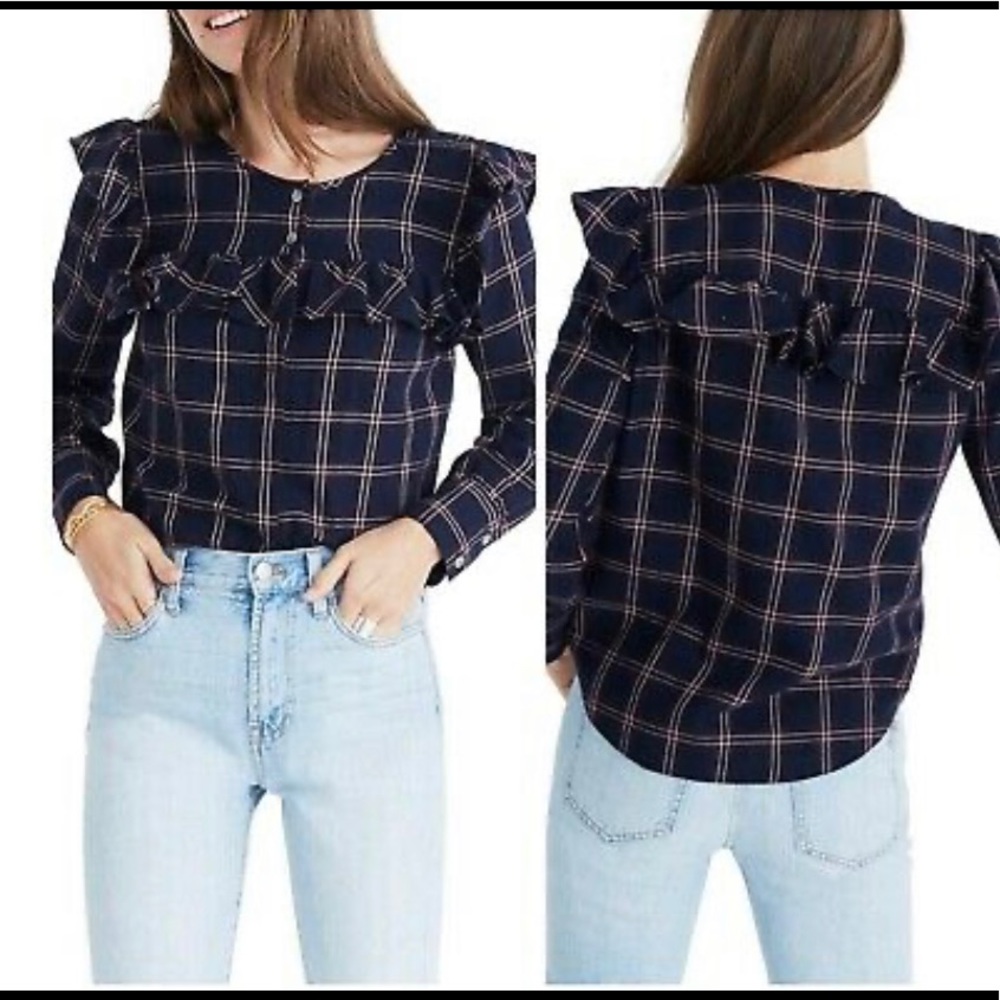 Madewell Plaid Ruffle Yoke Top.